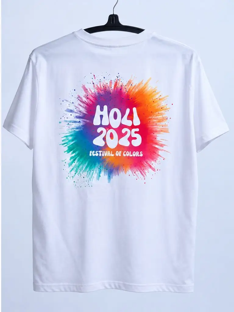 The white NSA ISAT event t-shirt on a hanger, back: a full-colour Holi 2025 powder-burst print.