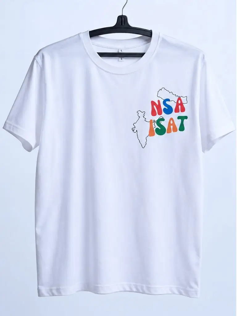 The white NSA ISAT event t-shirt on a hanger, front: the logo printed in full colour at the chest.