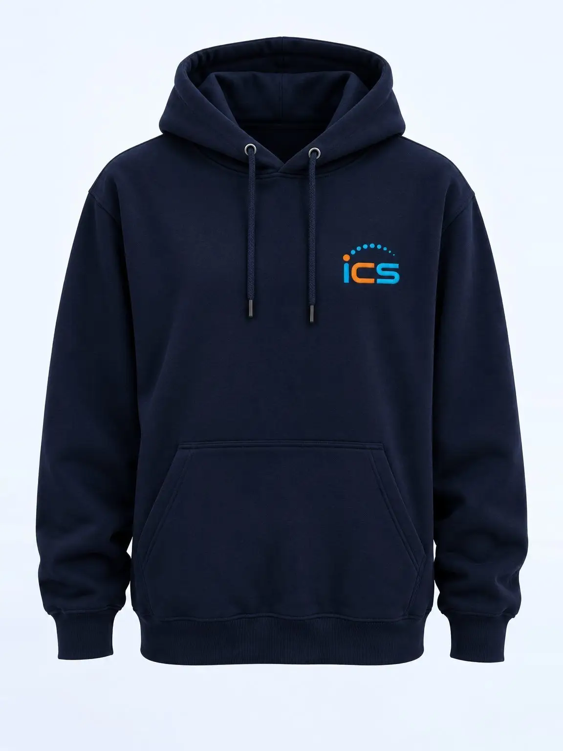 The navy ICS pullover hoodie laid flat, drawcord hood and kangaroo pocket, the logo embroidered at the chest.