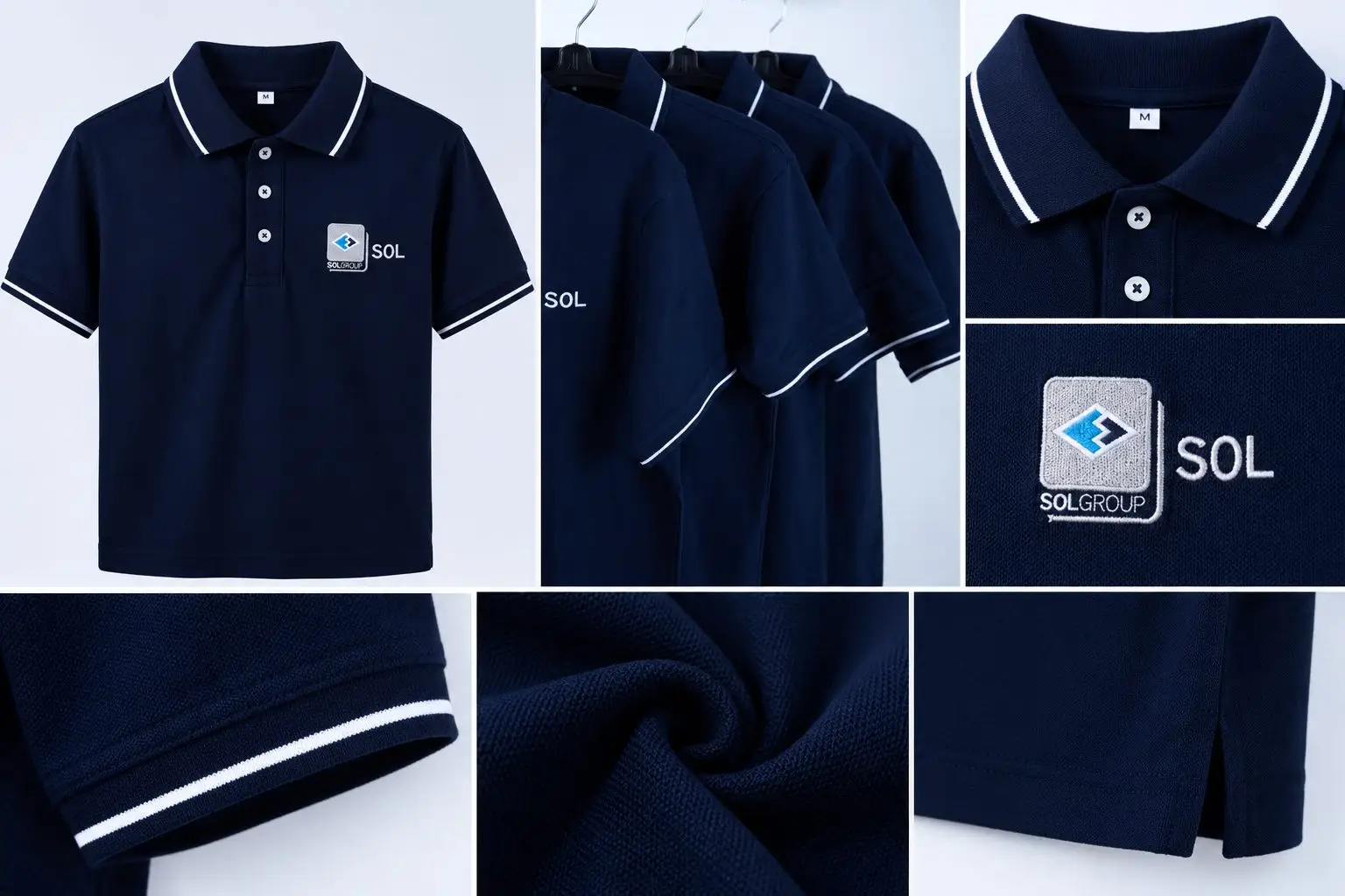 A detail board of the navy SOL polo: the full garment, the embroidered logo close up, the collar and cuff tipping and the pique knit.