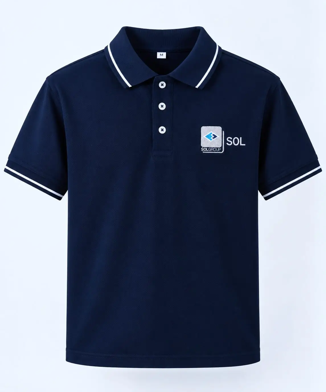 A navy SOL corporate polo on a hanger, white tipping on the collar and cuffs, the company logo embroidered at the chest.