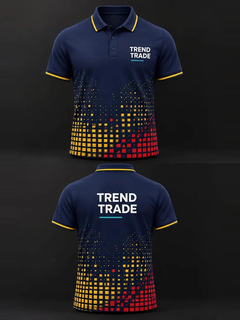 The same sports polo in navy with yellow tipping, front and back, the pixel pattern in yellow and red.