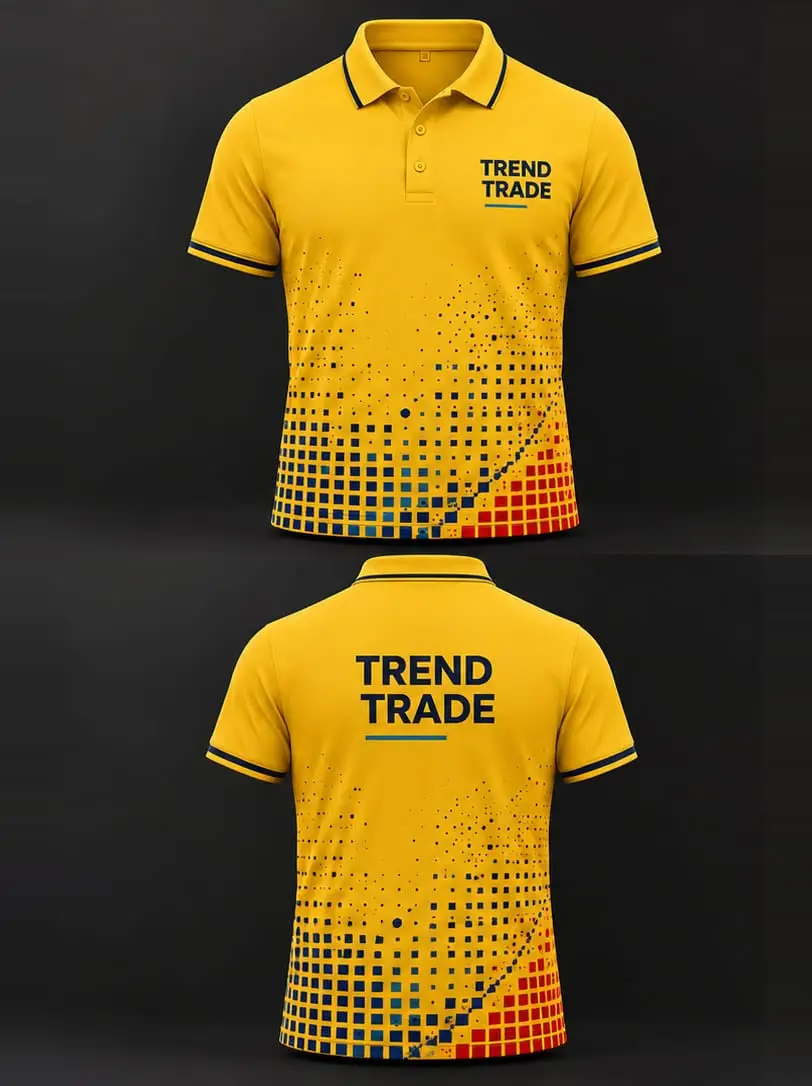 A yellow sports polo with navy tipping, front and back, a sublimated pixel pattern rising from the hem and Trend Trade branding at the chest and back.