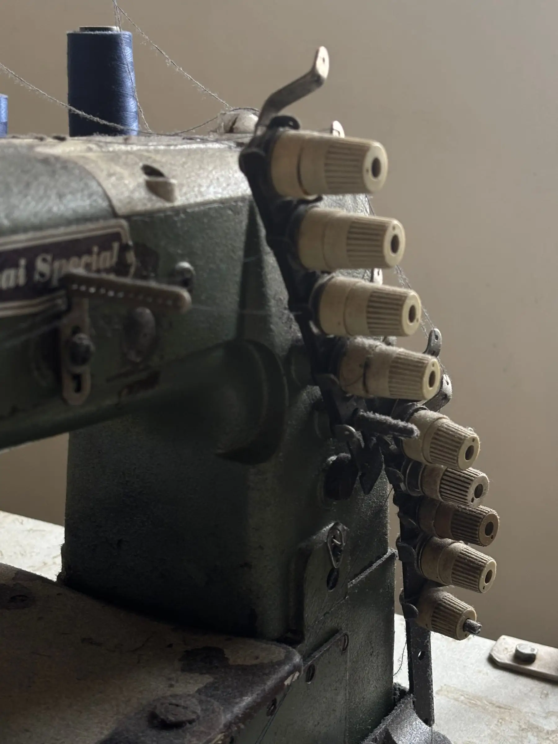 The head of a single-needle machine, presser foot and feed dog in close view.