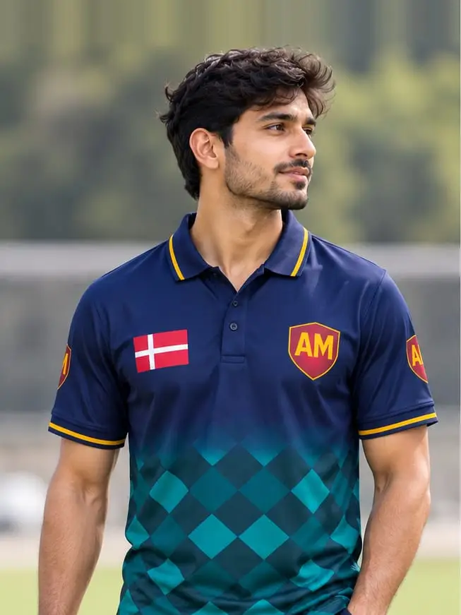 A model on a cricket ground in a navy AM team jersey with a teal diamond sublimation print, the club crest and Danish flag at the chest.