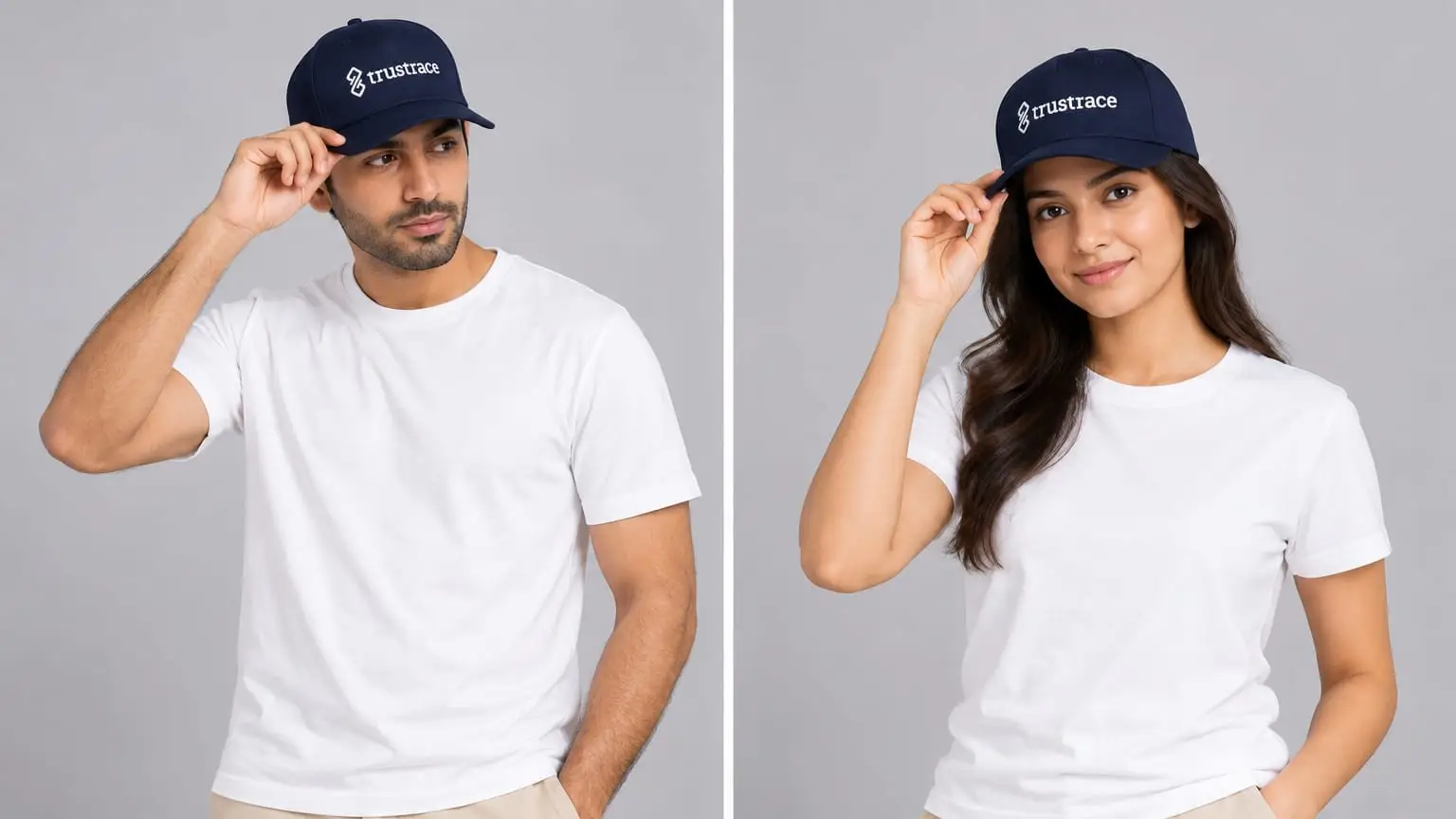 Two models in white crew-neck t-shirts and navy six-panel caps, the trustrace logo embroidered in white across each cap.