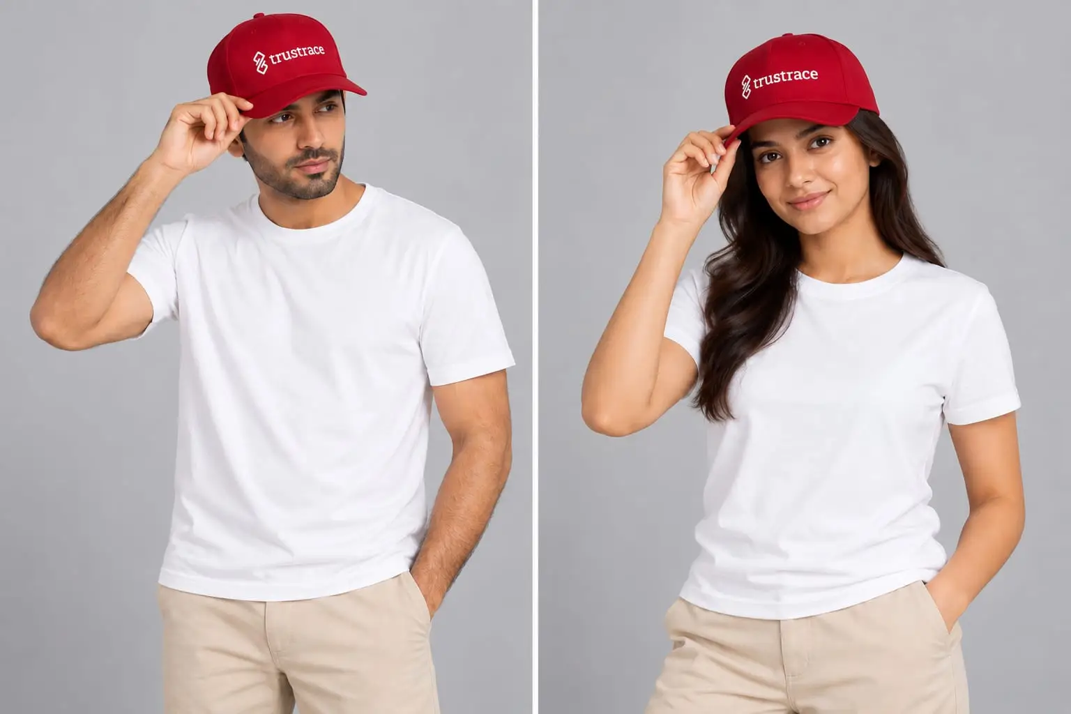 Two models in white t-shirts wearing red six-panel caps, the trustrace logo embroidered in white across the front panel.