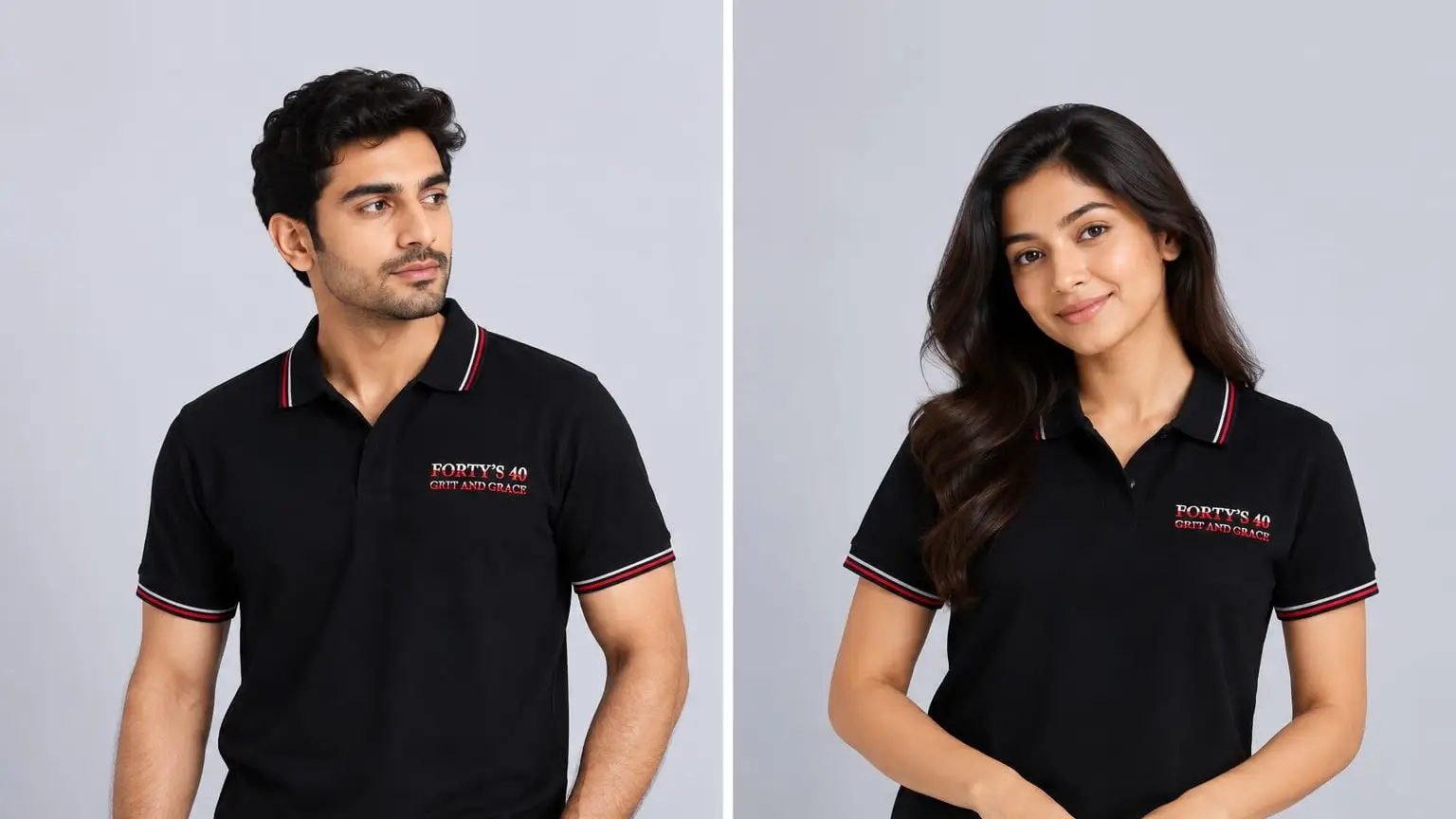 Two models in black Forty's 40 polos, men's and women's fit, the club name embroidered at the chest and red-and-white tipping at collar and cuff.