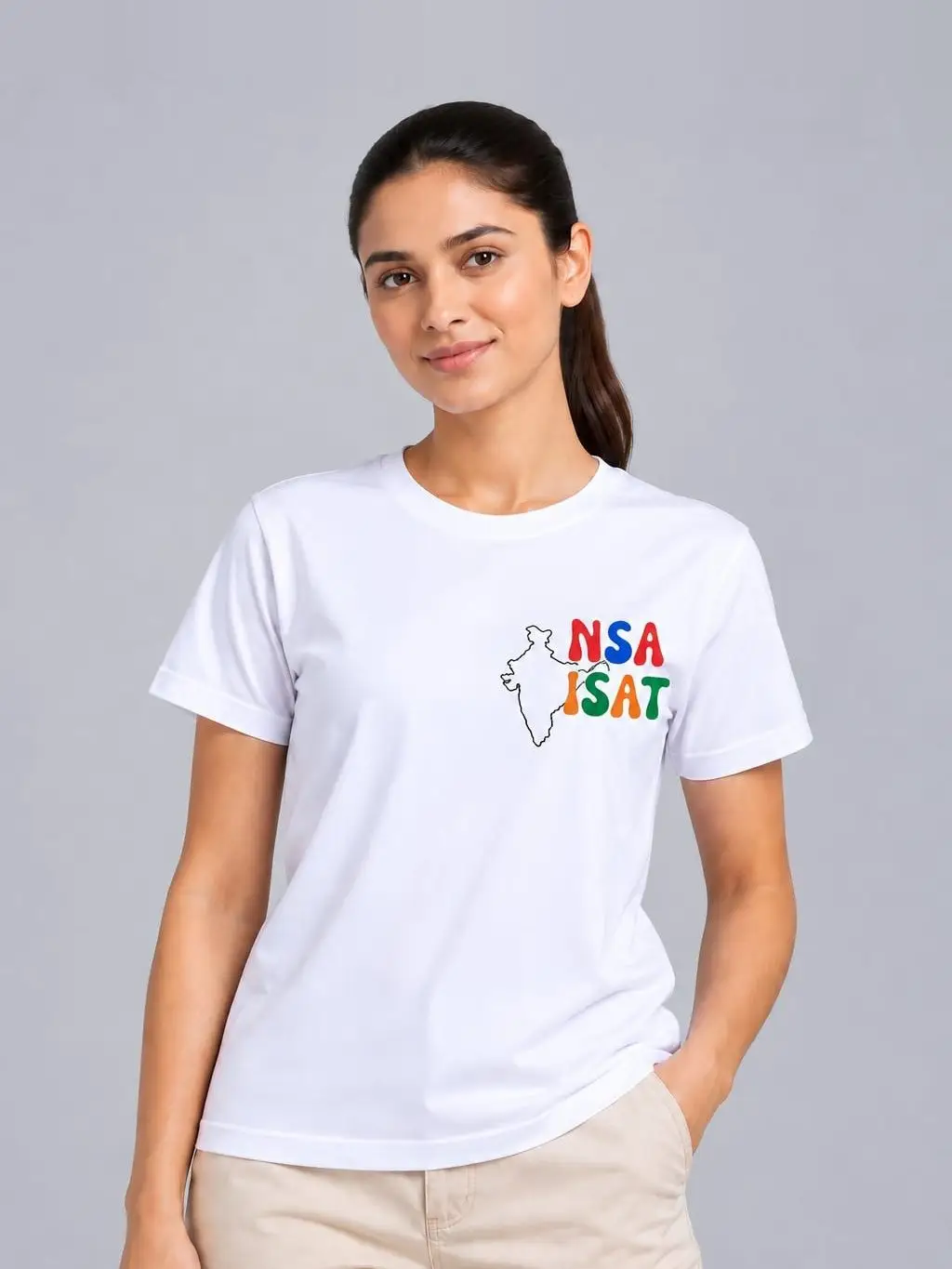 A model in a white NSA ISAT Holi 2025 event t-shirt, the logo printed in full colour at the chest.