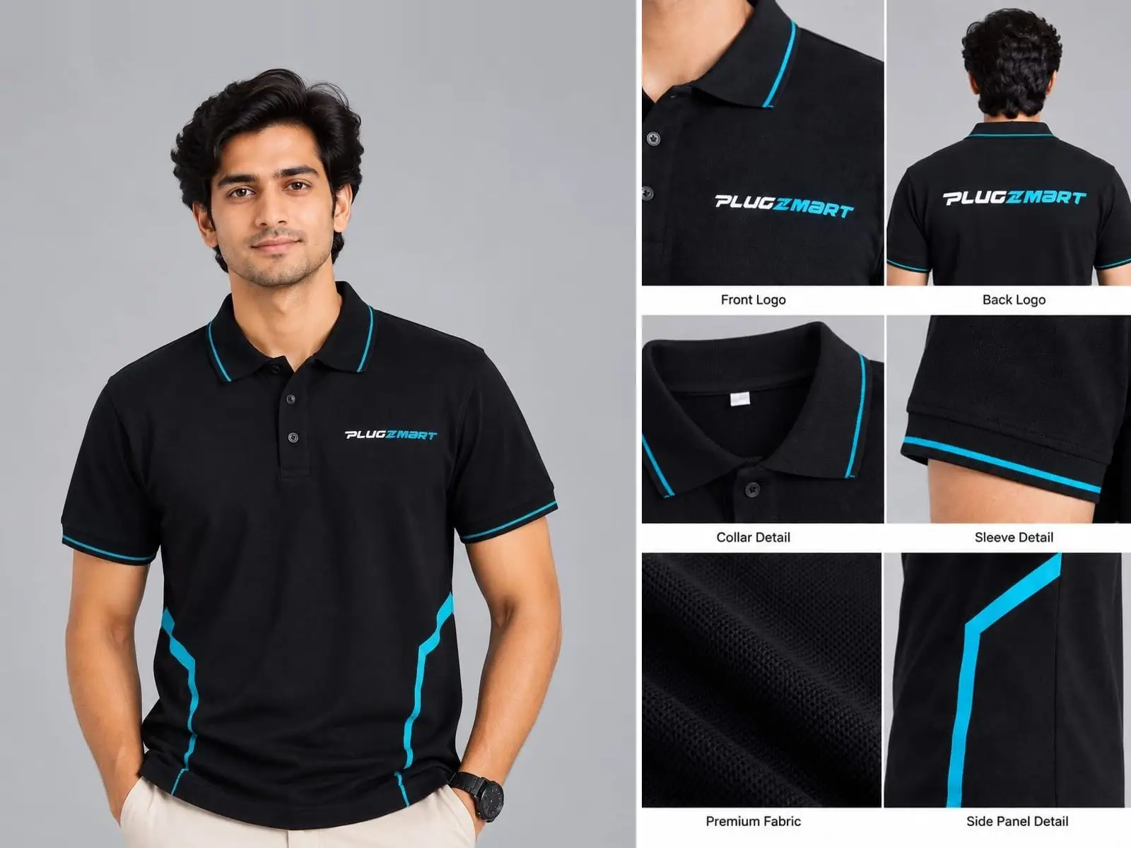 The black Plugzmart polo on a model, with close-ups of the embroidered front and back logos, the cyan-tipped collar and sleeve.