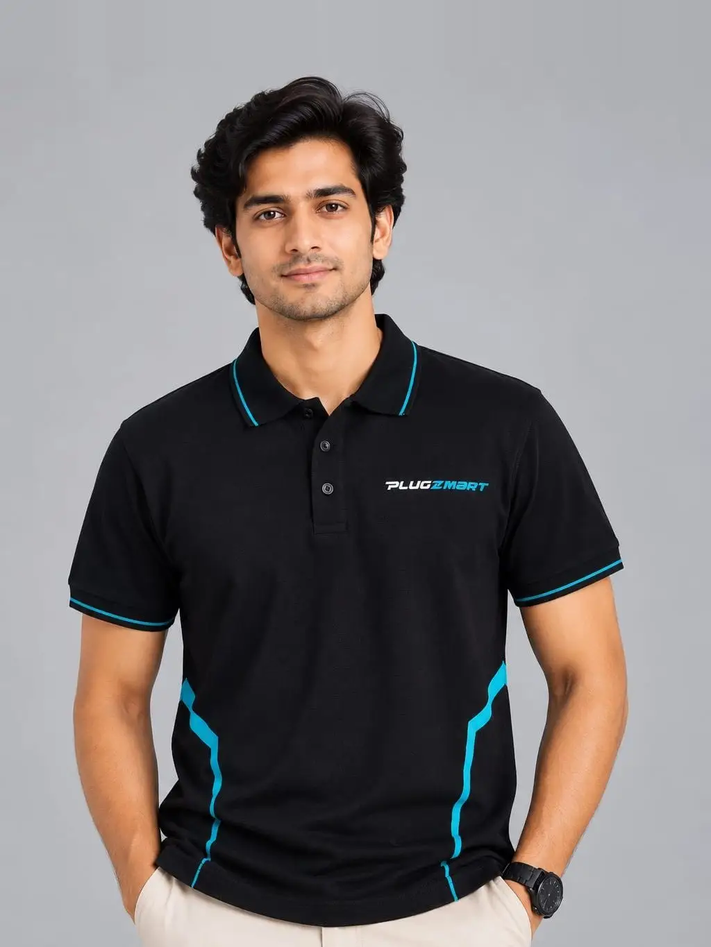 A model in a black Plugzmart polo, cyan piping down the side panels and an embroidered chest logo.