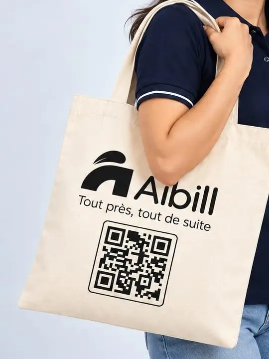 The front of a natural canvas Aibill tote: the logo, tagline and a QR code printed in black.
