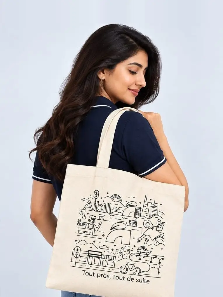 The same tote carried from behind, showing the illustrated reverse print and the shoulder-length handles.